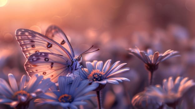 A butterfly sitting on a bunch of flowers in the sun