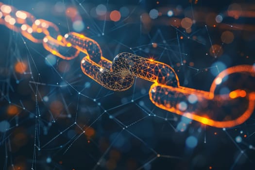 A vivid portrayal of blockchain technology, with interconnected nodes glowing intensely, symbolizes a secure and decentralized data structure. Trust in digital transactions is embodied here.