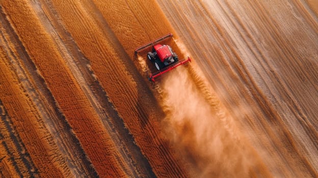 A tractor is plowing a field in the middle of the day