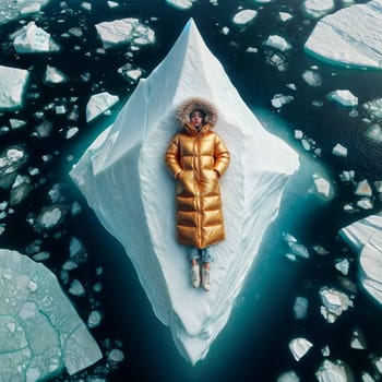 Woman in yellow golden puffer jacket lies on a block of ice alone in the middle of the ocean sea. Environmental issue, climate change agenda, AI generated