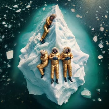 Group of people in yellow golden puffer jacket lies on a block of ice alone in the middle of the ocean sea. Environmental issue, climate change agenda, AI generated