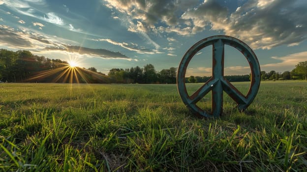 A large green field with a peace sign in the middle