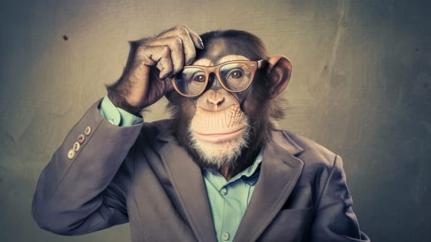 A monkey wearing a suit and glasses with his hands in front of him