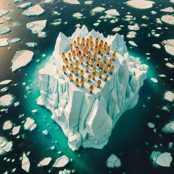 aerial view of group people wearing yellow winter garment standing on a large block of ice in the middle of the ocean. AI generated