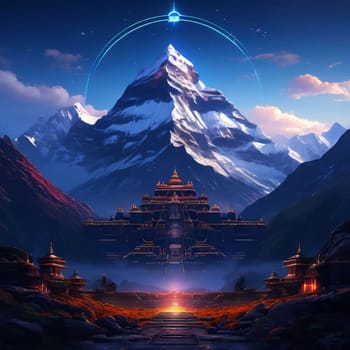 Serene painting capturing majestic Nepal mountain with pagoda in background, exuding sense of peace, tranquility. Wall art for home decor, especially in room with calming ambiance, travel brochures