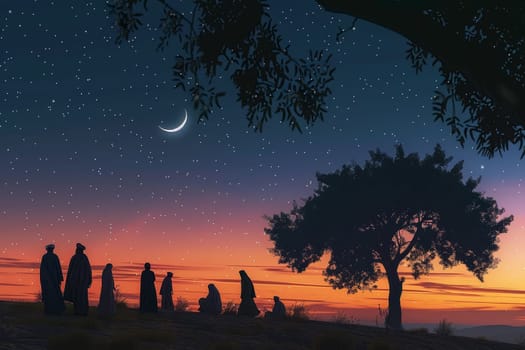 A serene evening landscape where a group of silhouetted figures gathers under a crescent moon. The image captures a moment of collective contemplation and connection with nature.