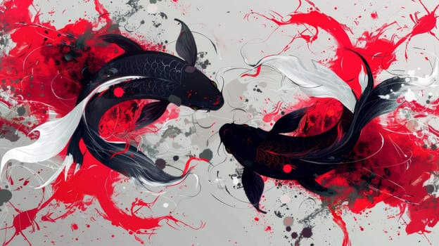 Two fish are painted in black and white with red splatters