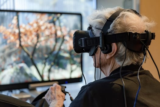 An elderly person with Parkinson's is engaged in virtual reality therapy. This innovative treatment shows promise for motor skill improvement