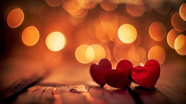 Two red hearts are sitting on a wooden table with bokeh lights