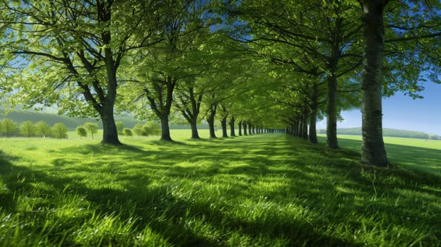 A row of trees lining a grassy field with green grass
