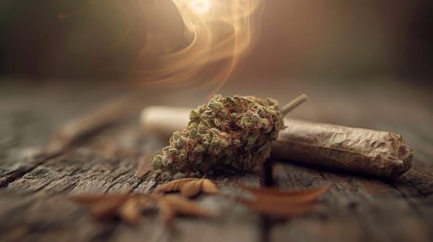 A marijuana plant is sitting on top of a wooden table