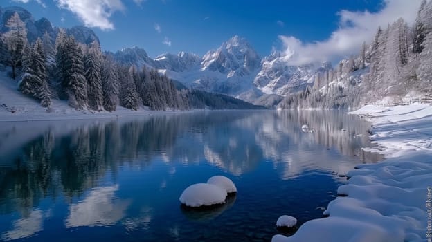 A lake with snow covered trees and mountains in the background