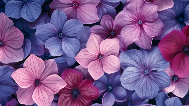 A close up of a bunch of flowers that are blue and pink