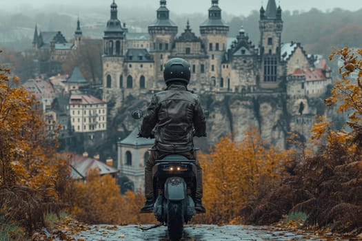 a man driving a scooter in a helmet rides towards a medieval castle.