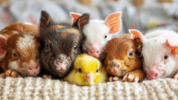 A group of baby animals are laying on a blanket together