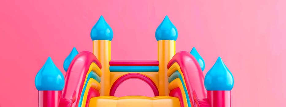 Vibrant inflatable playhouse ideal for children's parties, isolated on a pink backdrop