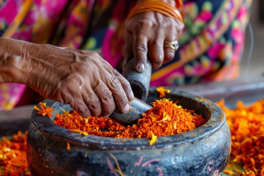 Elderly hands grind dried marigold flowers in a stone mortar, releasing vibrant orange hues and age-old traditions. The texture of the petals and the rustic mortar evoke a sense of the timeless cultural practices