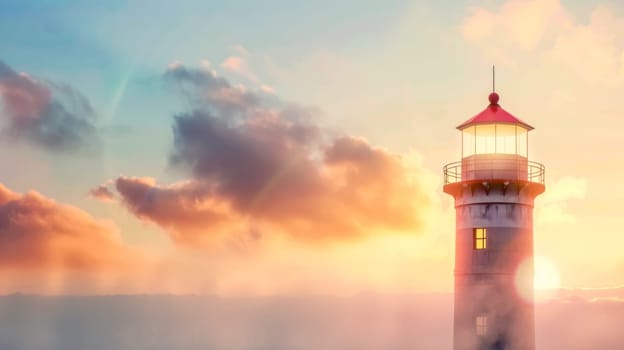 Warm sunset skies envelop an idyllic lighthouse, symbolizing guidance and hope