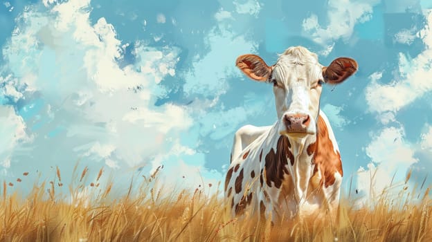A brown and white cow standing in a field of tall grass