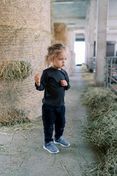 Little girl stands near a haystack on a farm and looks at the paddock. High quality photo