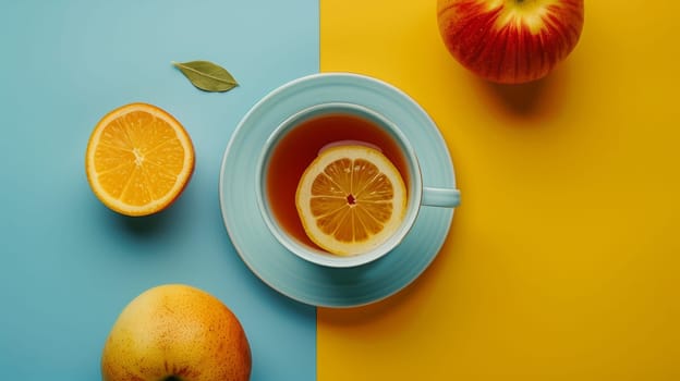 A cup of tea with orange slices and apples on a blue, yellow and green background