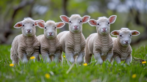 A group of a herd of sheep standing in the grass