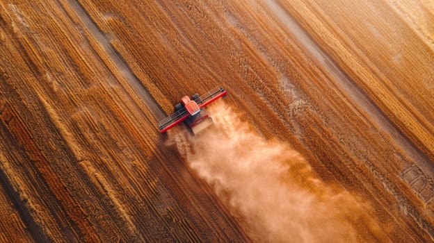 A large tractor is spraying a field with chemicals