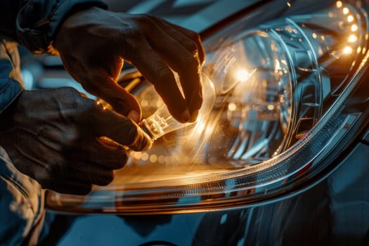 A mechanic's hands work on a car's headlight, highlighting the precision of auto maintenance. The intricate bulbs and beams bring mechanics to light