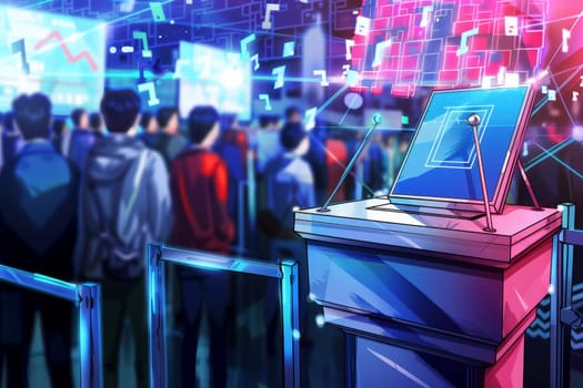 An illustration depicts a futuristic digital voting platform, highlighting a secure and modern electoral process. A crowd gathers, symbolizing civic engagement in the digital age