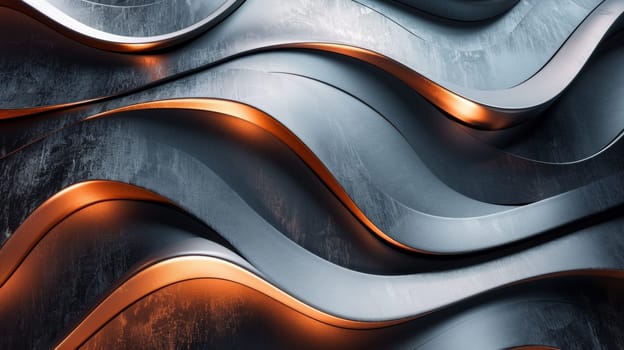 A close up of a metallic surface with orange and gold lines