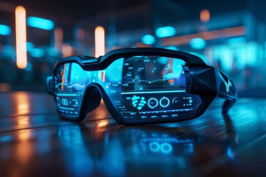 Close-up of a cutting-edge VR headset, its screen aglow with graphs and data. The device epitomizes the future of immersive technology