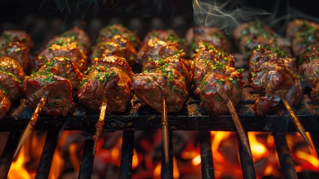 A close up of a grill with meat on skewers and fire