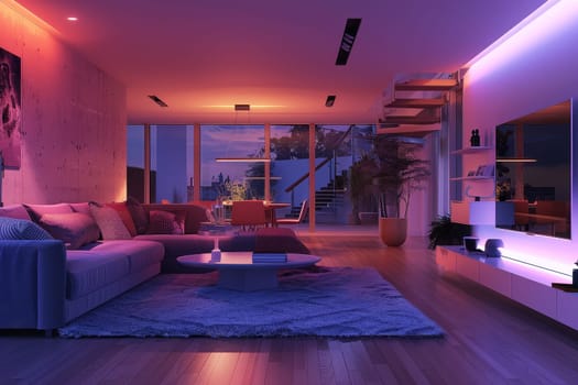 A modern home interior bathed in dynamic color-changing lights, reflecting the fusion of technology and design in contemporary living spaces. The luxurious ambiance is accentuated by the sunset view through large windows
