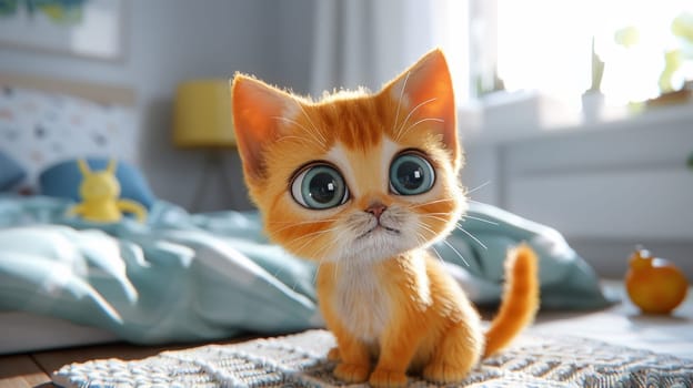 A small orange kitten sitting on a bed with some pillows