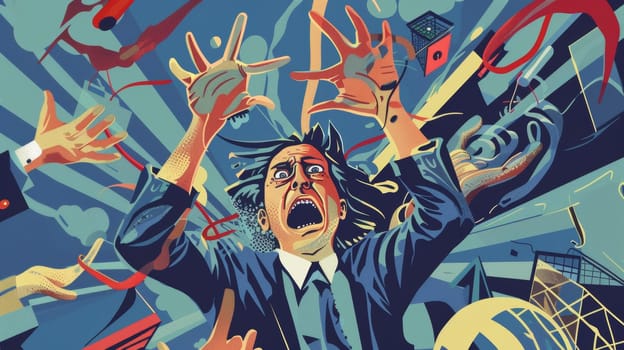 A painting of a man in business attire with his hands up