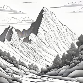 Serene black, white painting capturing majestic Nepal mountains, lush trees in harmonious contrast. Logo design for outdoor adventure travel agency, nature themed website, social media banner, print