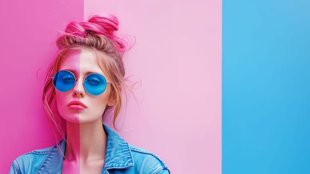 A woman with a pink hair and blue sunglasses