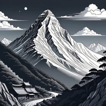 Serene black, white painting capturing majestic Nepal mountains, lush trees in harmonious contrast. Printed on merchandise like tshirts, mug, notebooks for nature lovers, travel brochures, print, logo