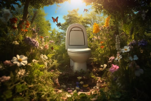 A whimsical outdoor toilet setup amidst a vibrant forest clearing