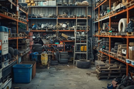 An expansive warehouse brimming with various mechanical parts. Shelves teem with a collection from tires to engine components