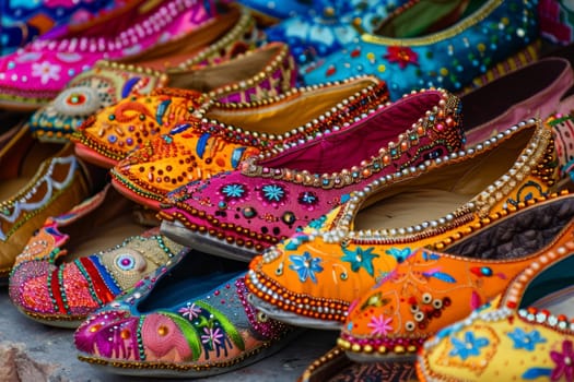 A colorful display of traditional juttis showcases intricate beadwork and embroidery. The image highlights the craftsmanship of ethnic Indian footwear