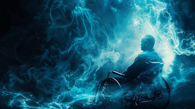 A man in a wheelchair surrounded by blue smoke and fire