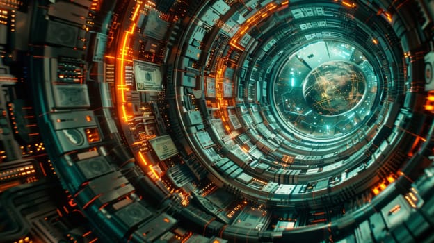 A futuristic looking tunnel with a planet in the middle
