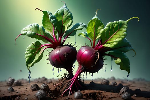 Ripe beets in the remains of the earth, with green tops. AI generated image.