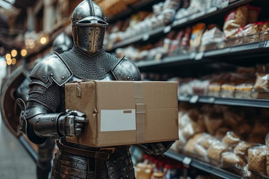 A medieval knight in armor stands with a cardboard box in a store.
