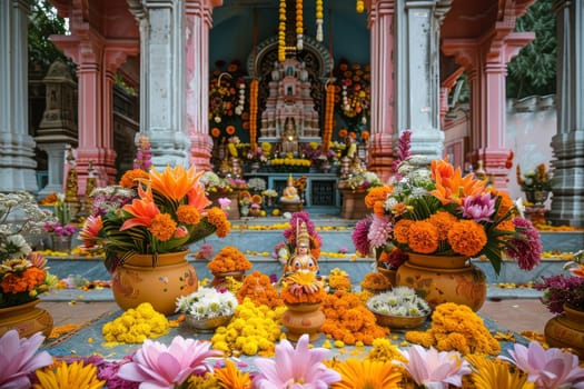 A Hindu temple altar is resplendently adorned with a colorful array of flowers and a deity figurine. The intricate decoration showcases a traditional religious offering in a serene sacred space