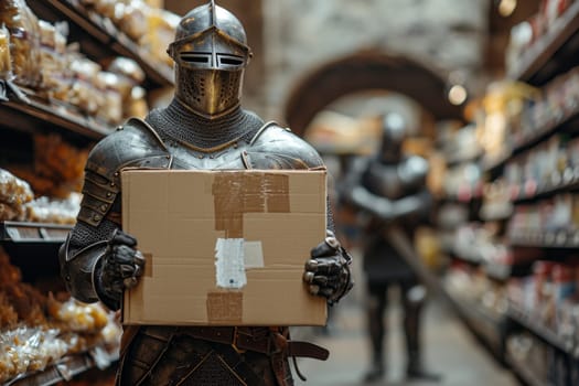A medieval knight in armor stands with a cardboard box in a store.