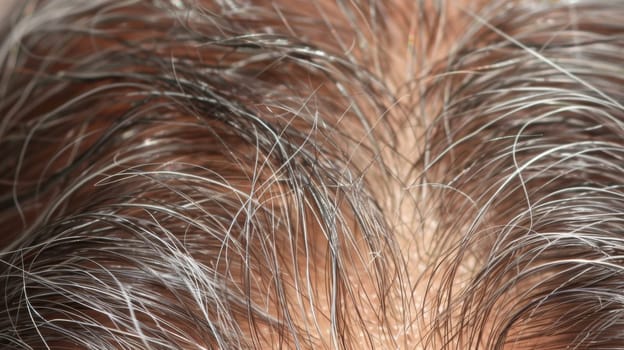 A close up of a man's head with long hair