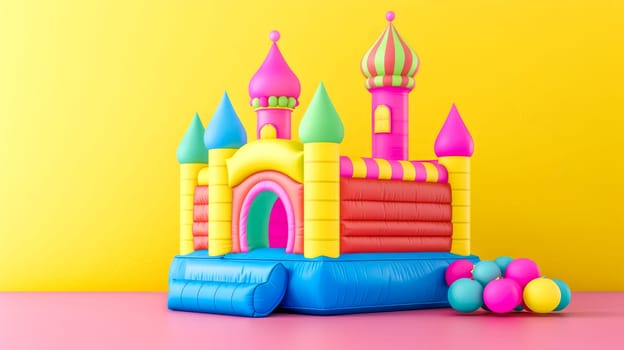 Vibrant inflatable castle with a collection of colorful balls on pink surface against a yellow wall