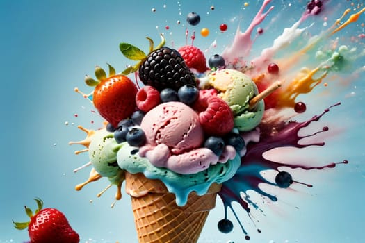 cold fruit sweet ice cream on a blue background. AI generated image.